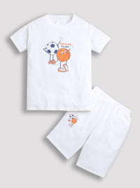 Pure Cotton White Foot Ball & Basket Ball Print Co-ord Set