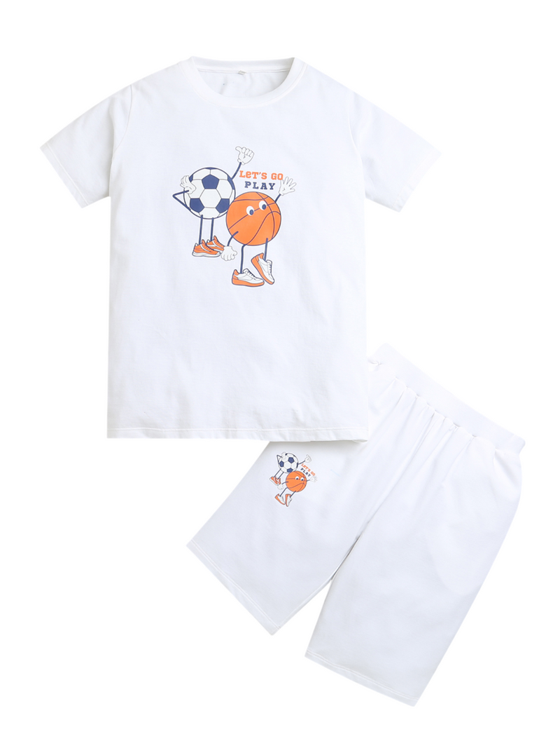 Pure Cotton White Foot Ball & Basket Ball Print Co-ord Set