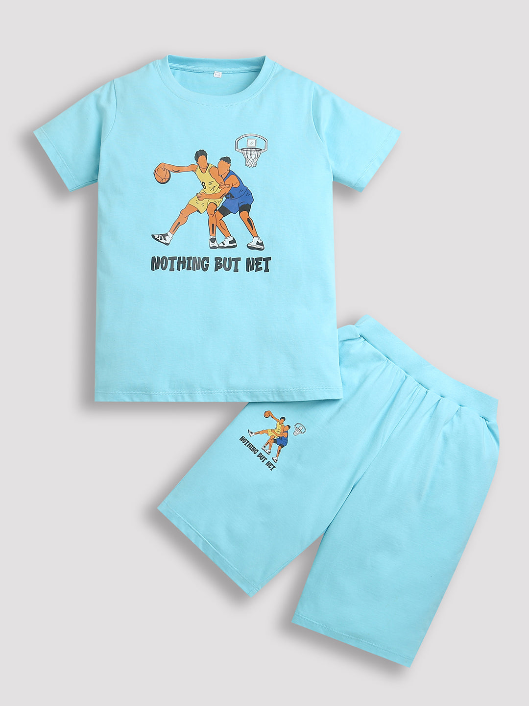 Pure Cotton Sky Blue Basket Ball Player Print Half Sleeve Co-ord Set