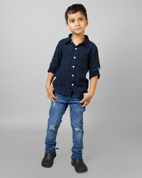 Navy Blue Full Sleeve Collar Neck White Dot Print Boys shirt