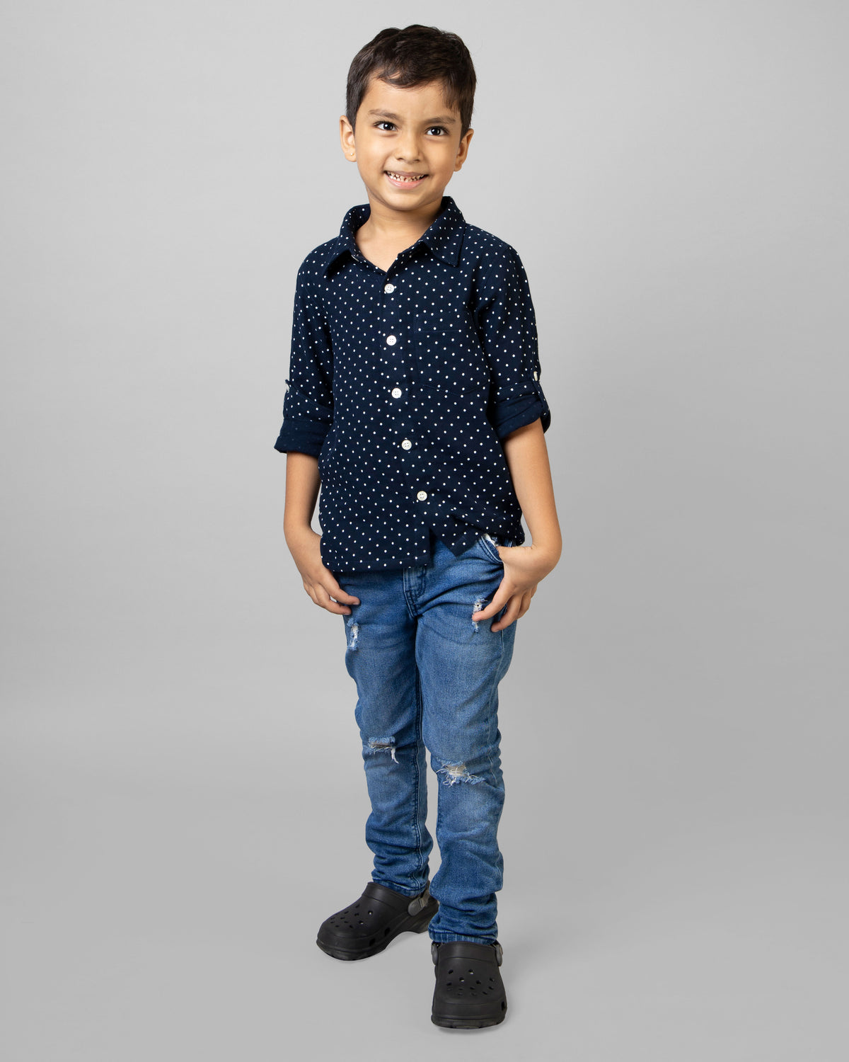 Navy Blue Full Sleeve Collar Neck White Dot Print Boys shirt