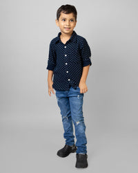 Navy Blue Full Sleeve Collar Neck White Dot Print Boys shirt