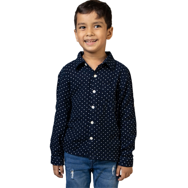 Navy Blue Full Sleeve Collar Neck White Dot Print Boys shirt