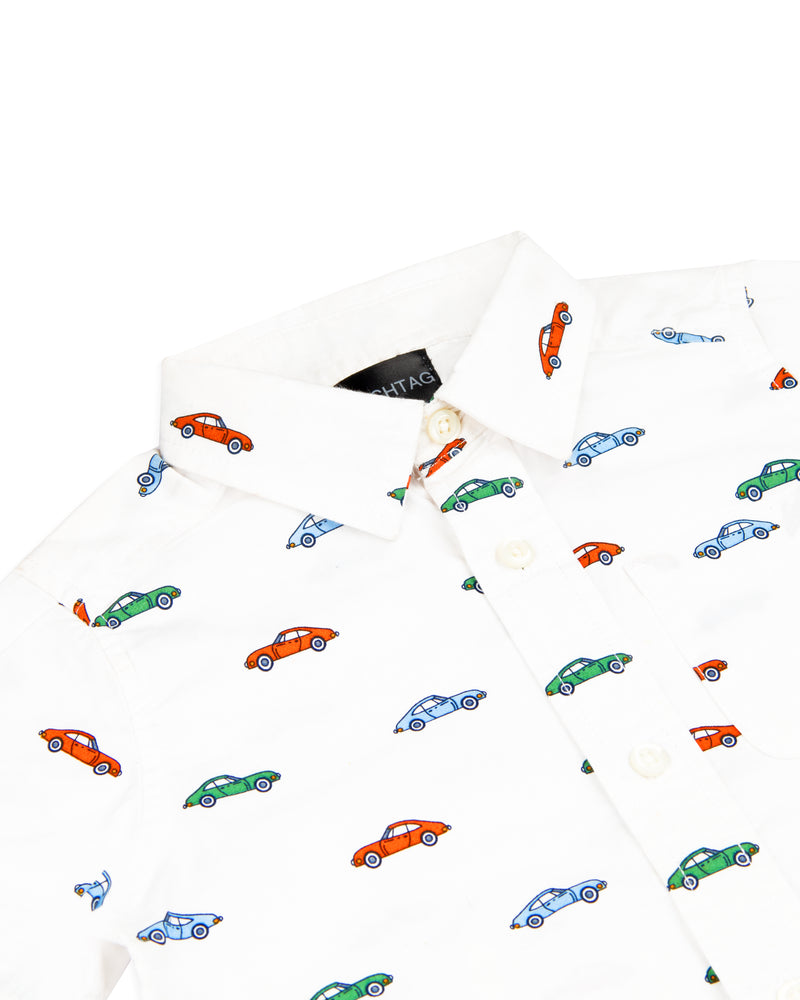 White All Over Car Print Boys casual shirt