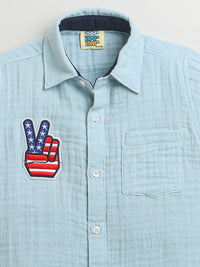 Sky Blue Victory American Sign Half Sleeve Casual Shirt