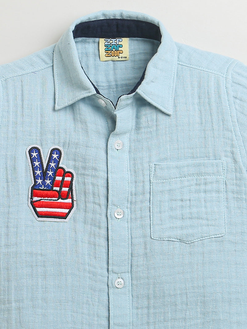 Sky Blue Victory American Sign Half Sleeve Casual Shirt