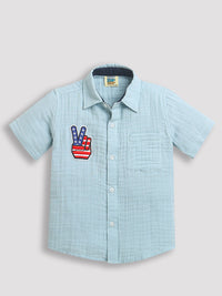 Sky Blue Victory American Sign Half Sleeve Casual Shirt