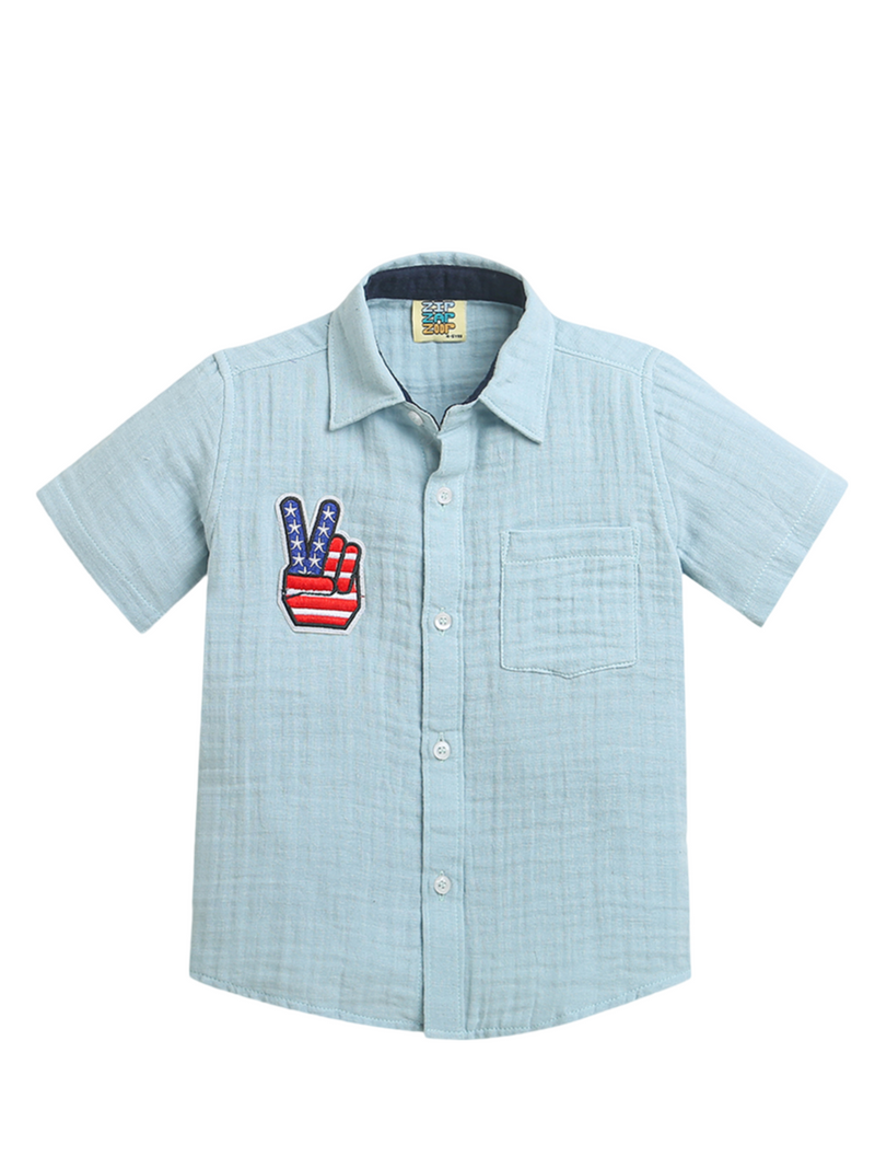 Sky Blue Victory American Sign Half Sleeve Casual Shirt