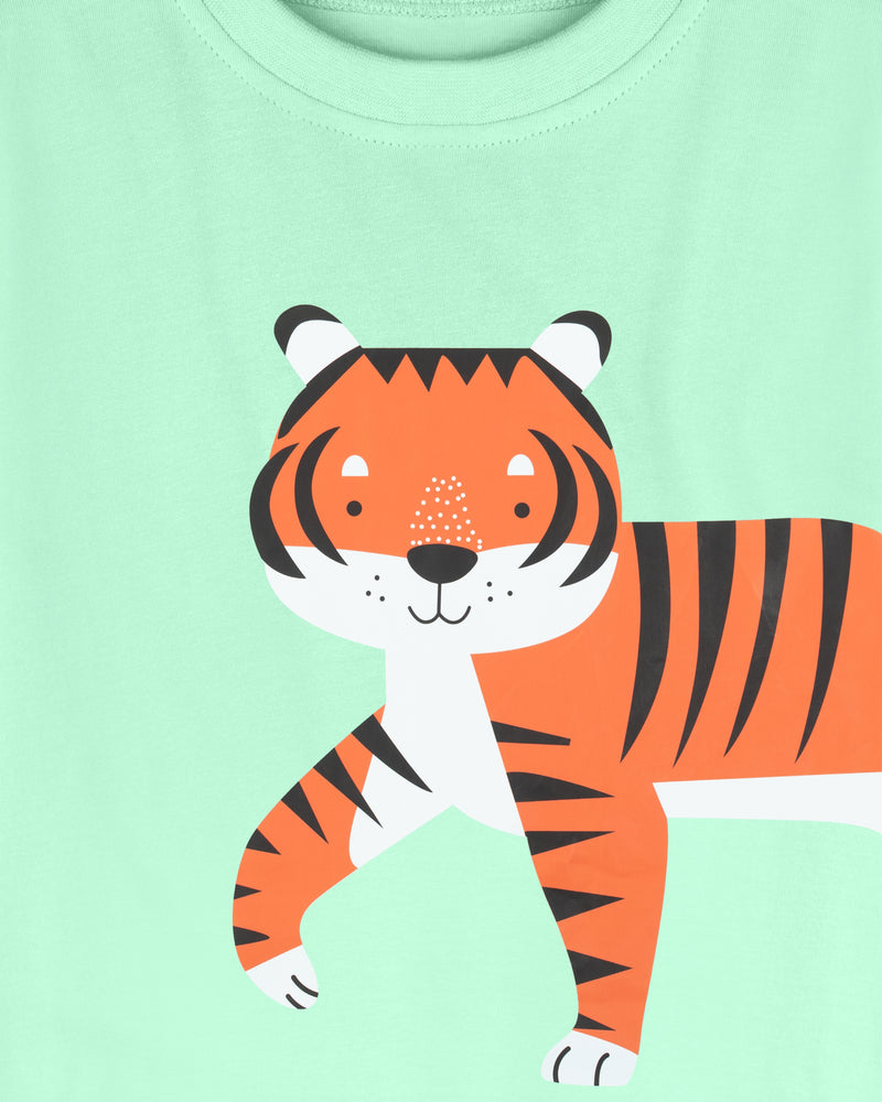 Light Green Tiger Print Half Sleeve Boys T-Shirt