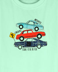 Light Green Three Car Print Half Sleeve Boys T-Shirt