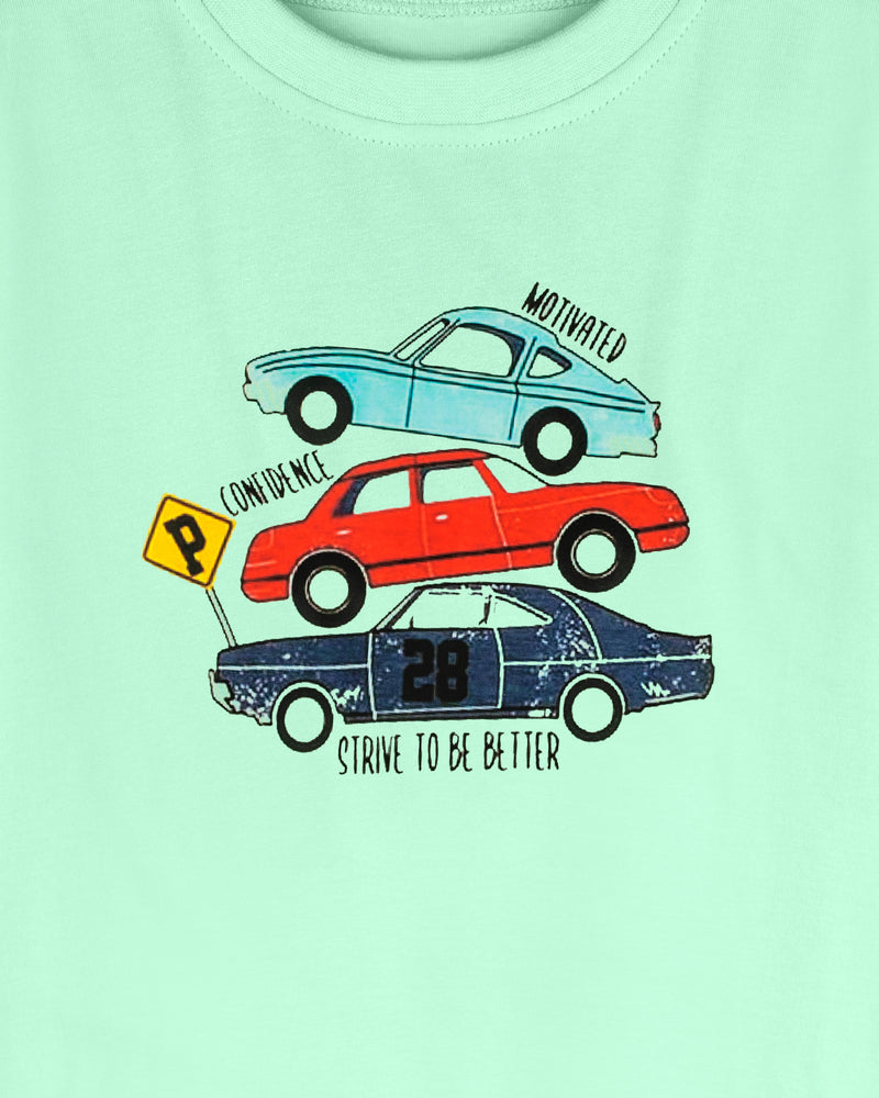 Light Green Three Car Print Half Sleeve Boys T-Shirt