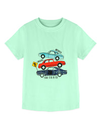 Light Green Three Car Print Half Sleeve Boys T-Shirt