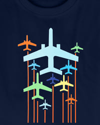 Navy Blue Multicolor Flying Plane Print Half Sleeve Boys T-Shirt