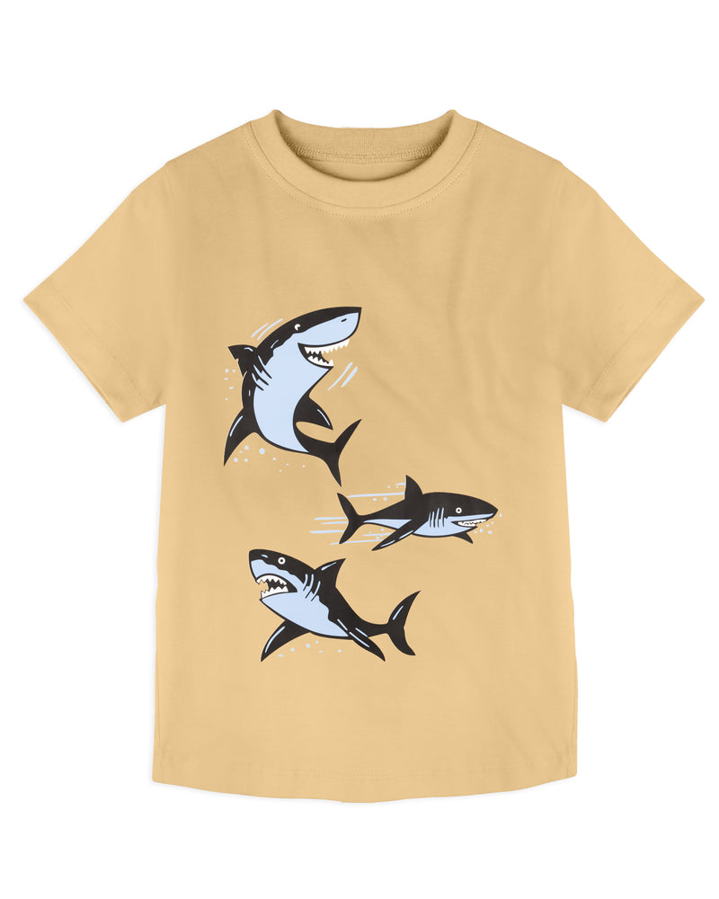 Beige Three Shark Print Half Sleeve T-shirt