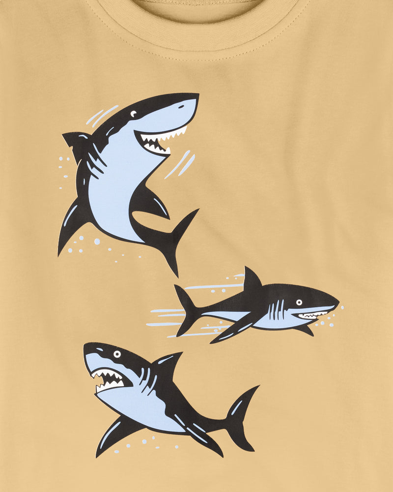 Beige Three Shark Print Half Sleeve T-shirt