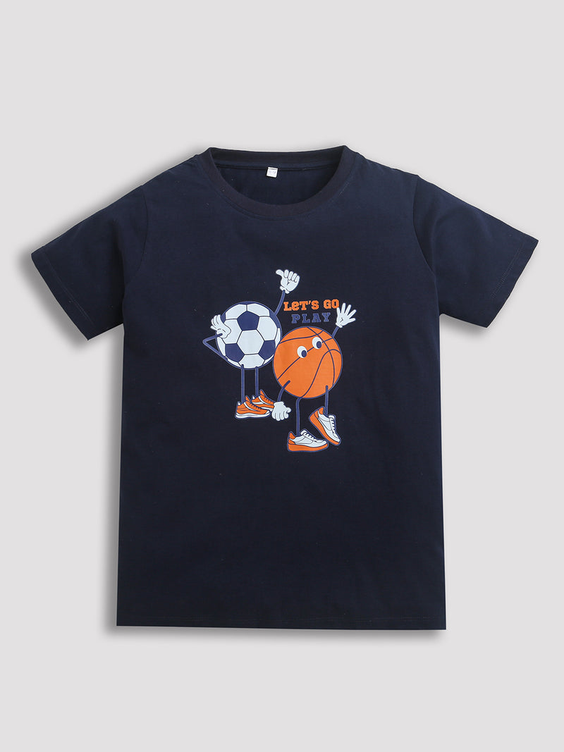 Navy Blue Foot Ball & Basket Ball Print Boys T-shirt