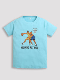 Sky Blue Basket Ball Players Print Half Sleeve Boys T-shirt