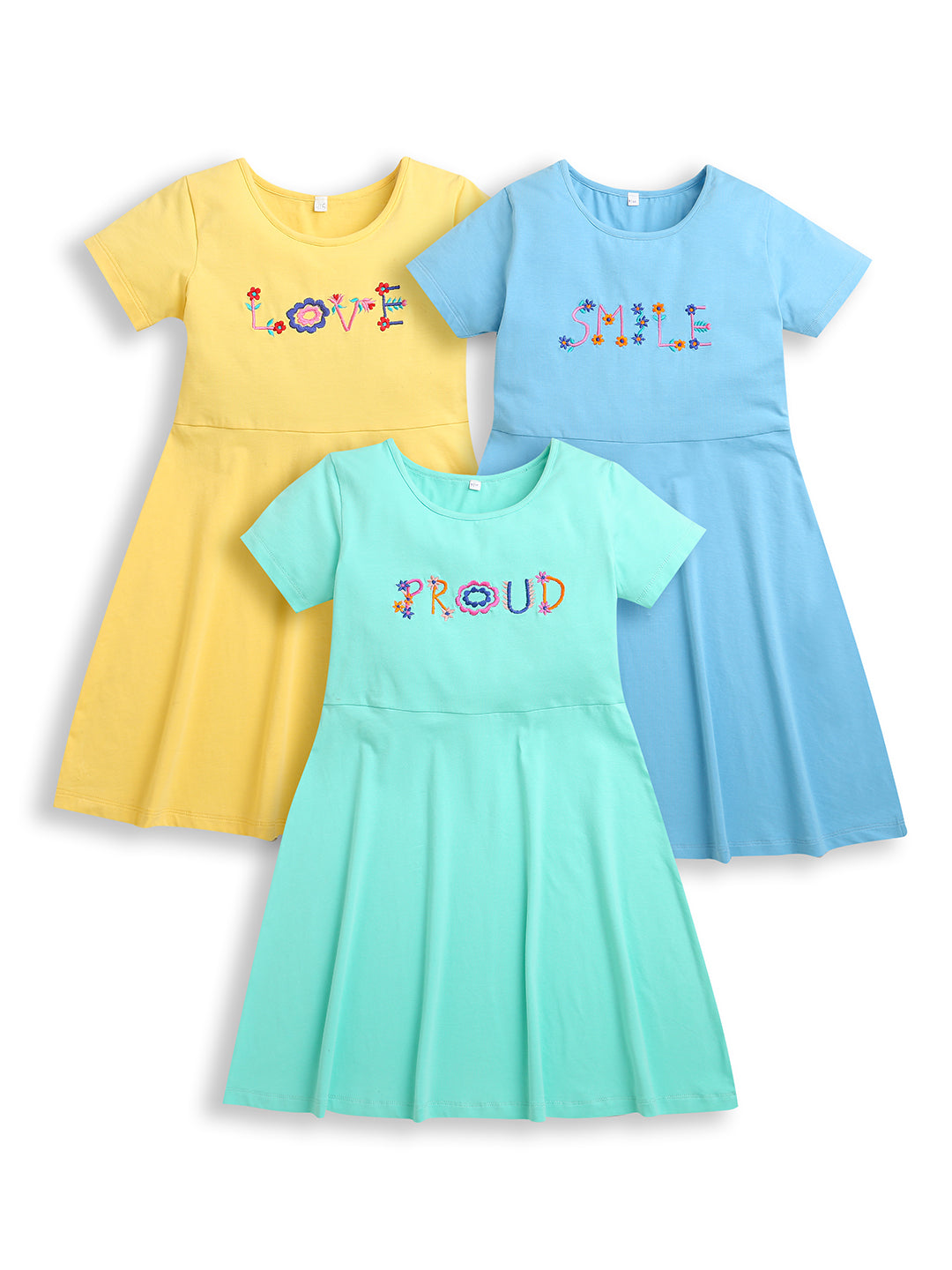 Yellow Blue & Green Embroidered Girls Dresses Pack of (3)