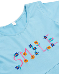 Sky Blue Half Sleeve Smile Embroidered Cotton Girls Dress