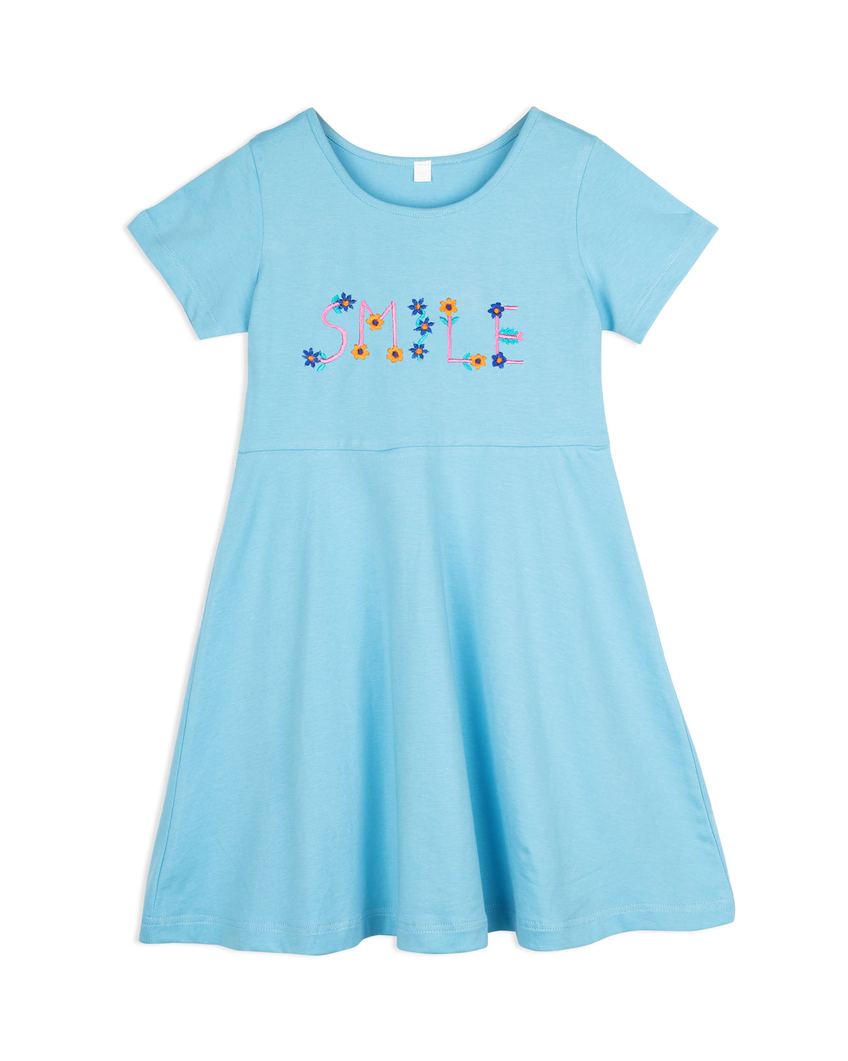 Sky Blue Half Sleeve Smile Embroidered Cotton Girls Dress