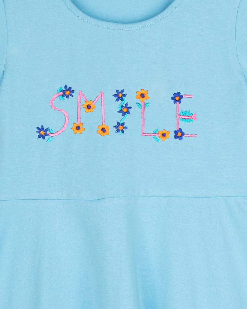 Sky Blue Half Sleeve Smile Embroidered Cotton Girls Dress