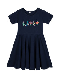 Navy Blue Half Sleeve Happy Embroidered Girls Dress