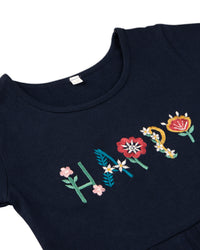 Navy Blue Half Sleeve Happy Embroidered Girls Dress