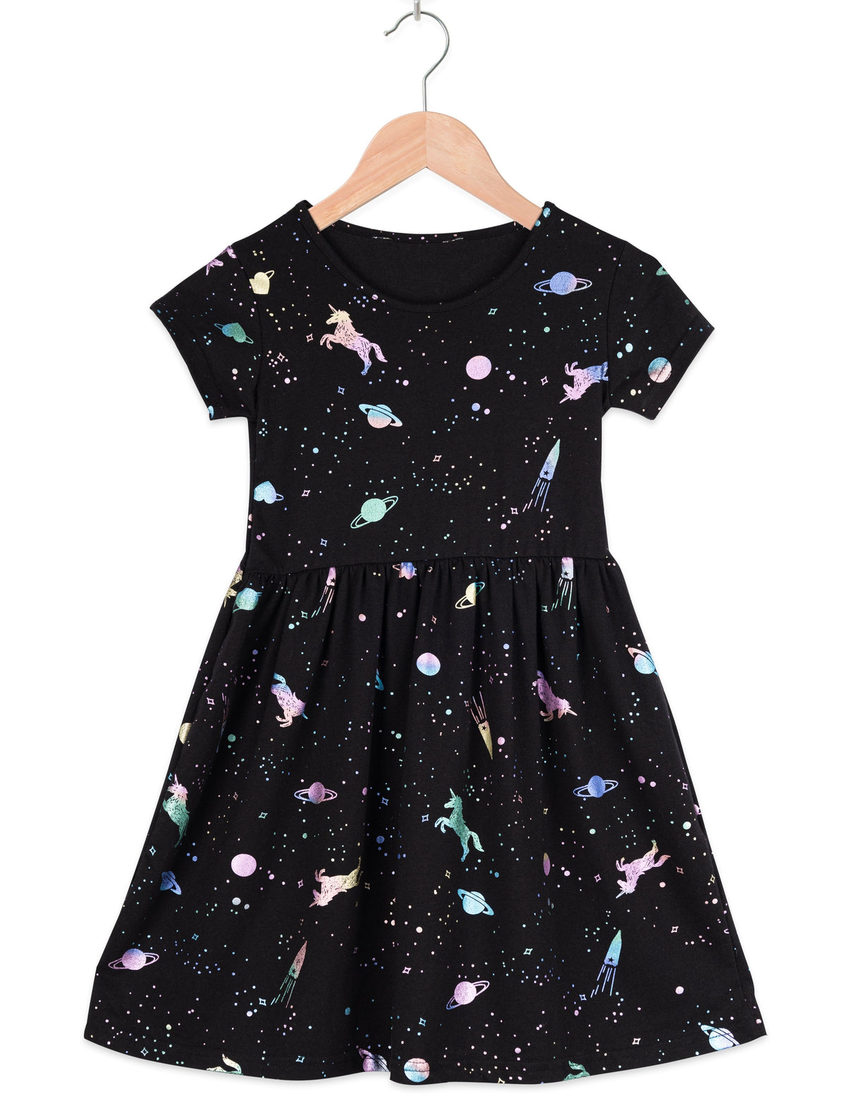 Magical Black Half Sleeves Unicorn 3D Print Girls Dress