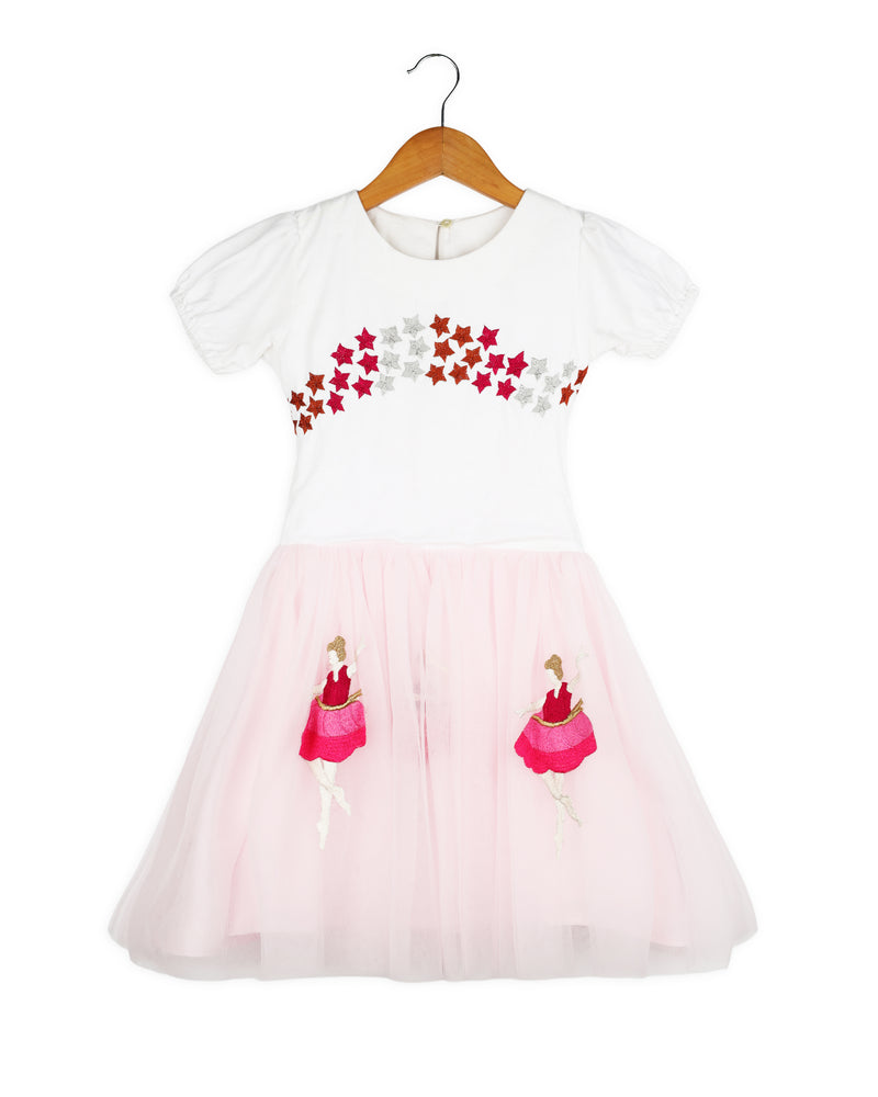 Pink Half Sleeve Embroidered Ballerina Girls Dress