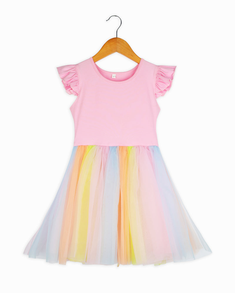 Multicolor Cute Frilly Sleeves Rainbow Party Girls Dress