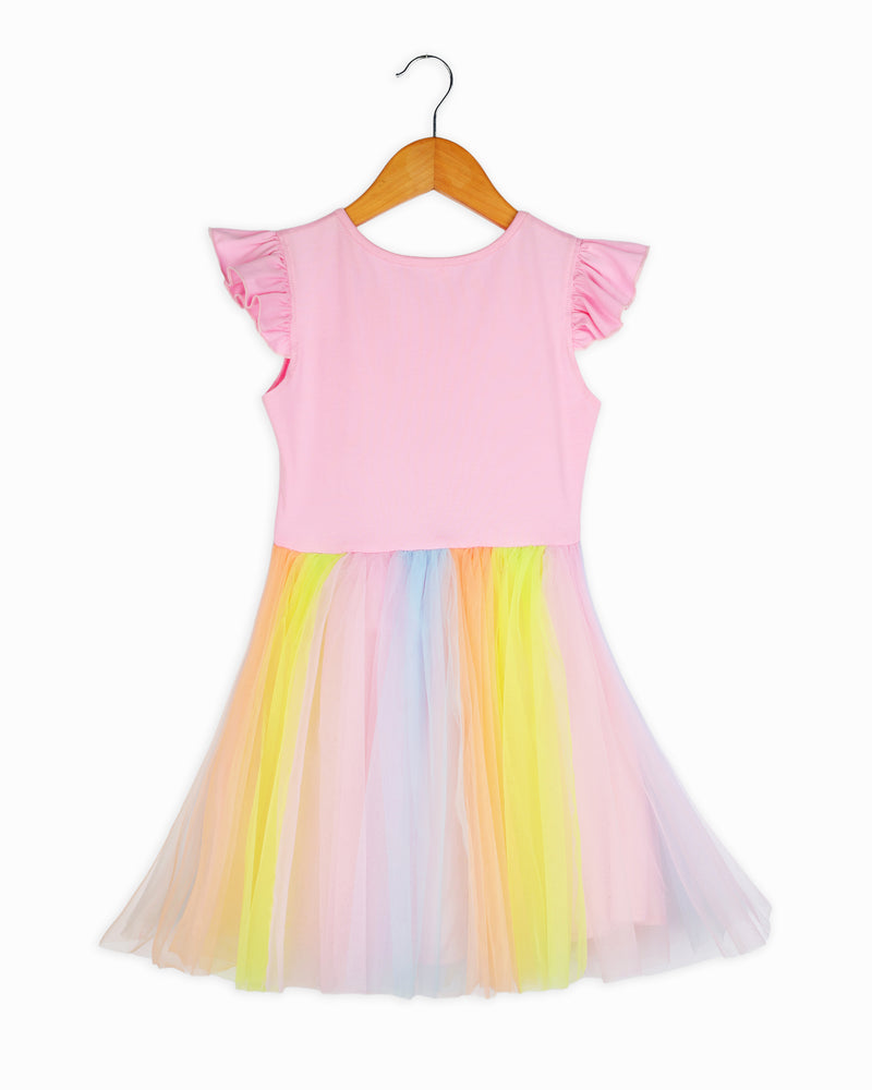 Multicolor Cute Frilly Sleeves Rainbow Party Girls Dress