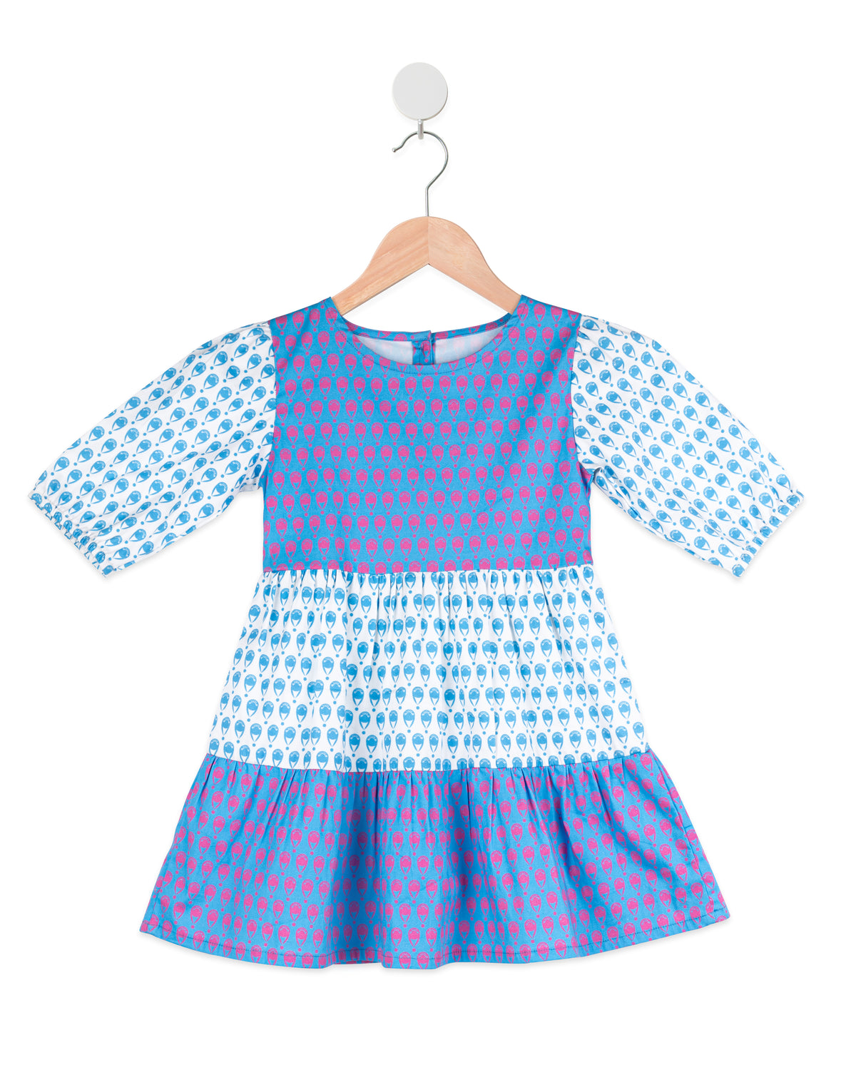 Blue 3/4th Sleeves Parachute Printed Dress