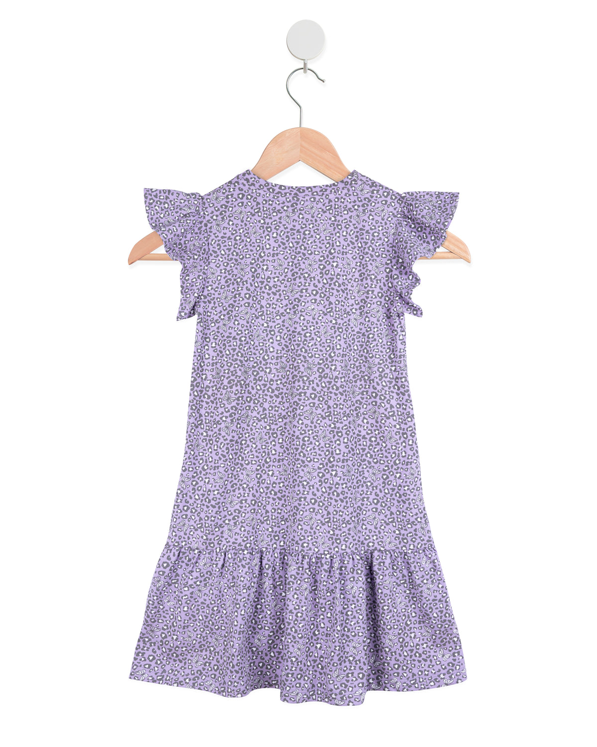 Lilac Cap Frill Sleeve All over Butterfly Leopard Print Girls Dress