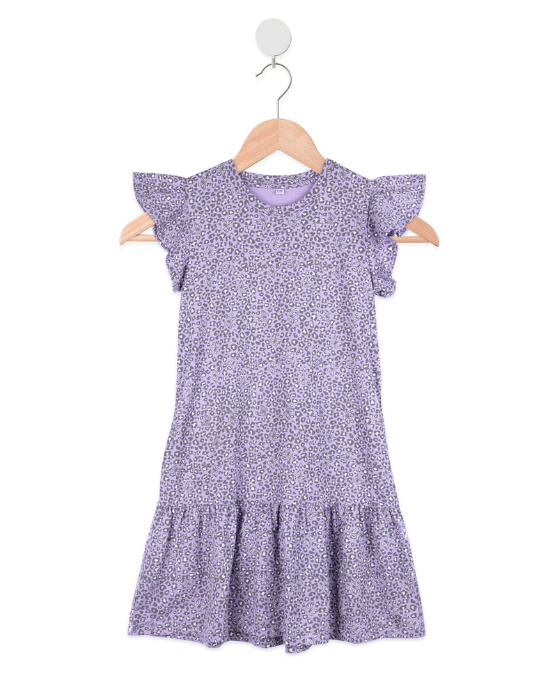 Lilac Cap Frill Sleeve All over Butterfly Leopard Print Girls Dress