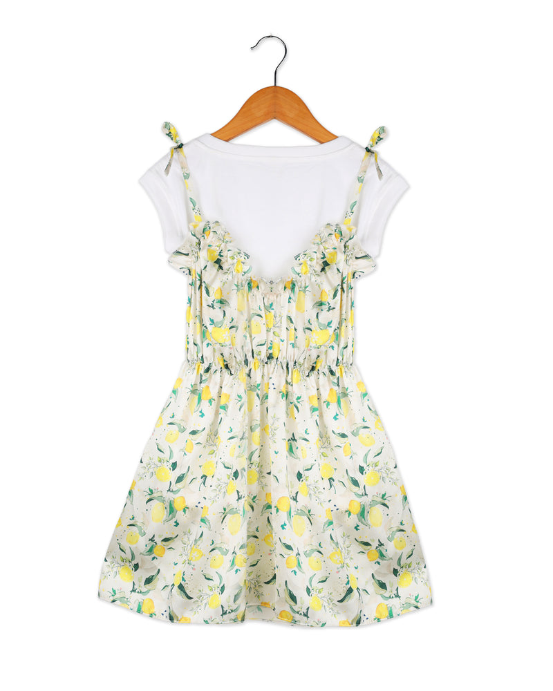 Green Sleeveless Lemon Printed with White T-shirt Girls Dress