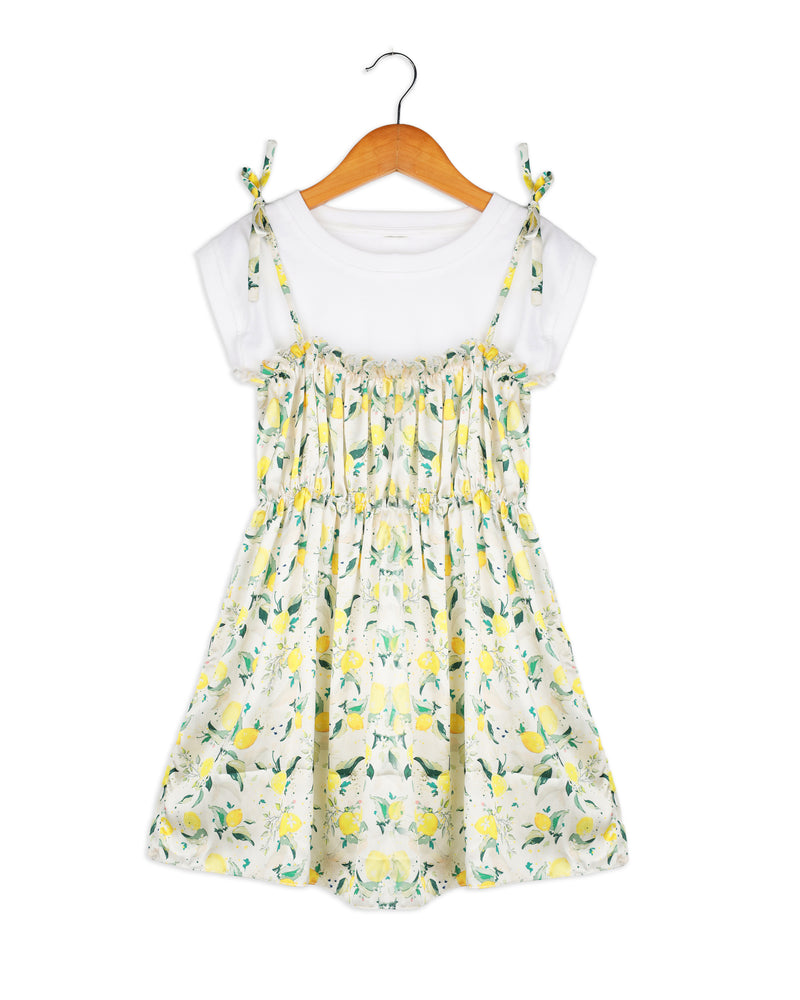 Green Sleeveless Lemon Printed with White T-shirt Girls Dress