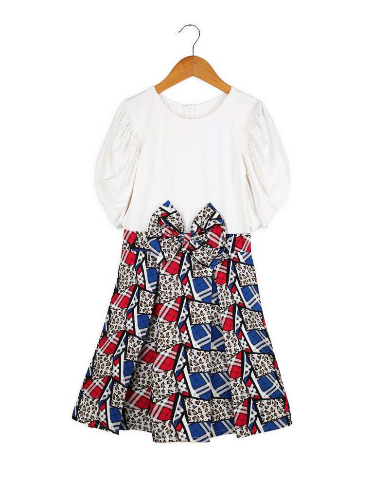 White Balloon Sleeve Geometric Printed Girls Dress