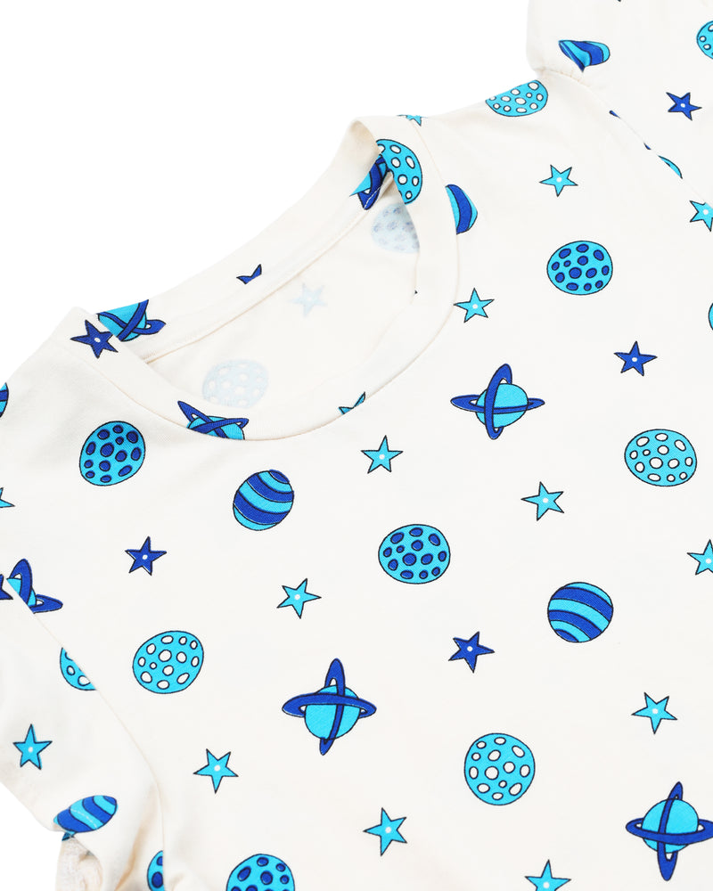 Girls White Printed Galaxy Short Sleeve Dress