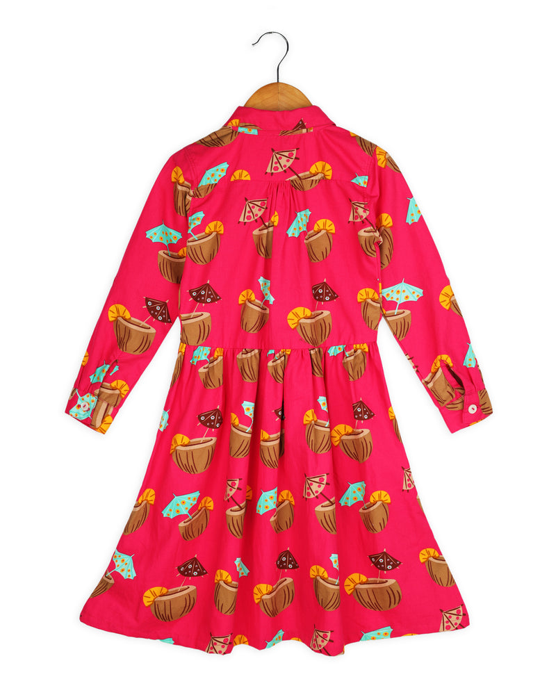 Pink Tropical Coconut Full Sleeve Cotton Girls Dress