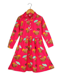 Pink Tropical Coconut Full Sleeve Cotton Girls Dress