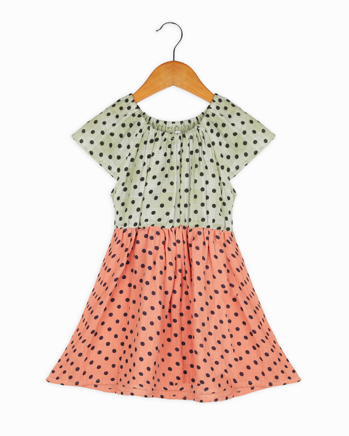 Green & Red Polka Dot Full Sleeve Cotton Girls Dress