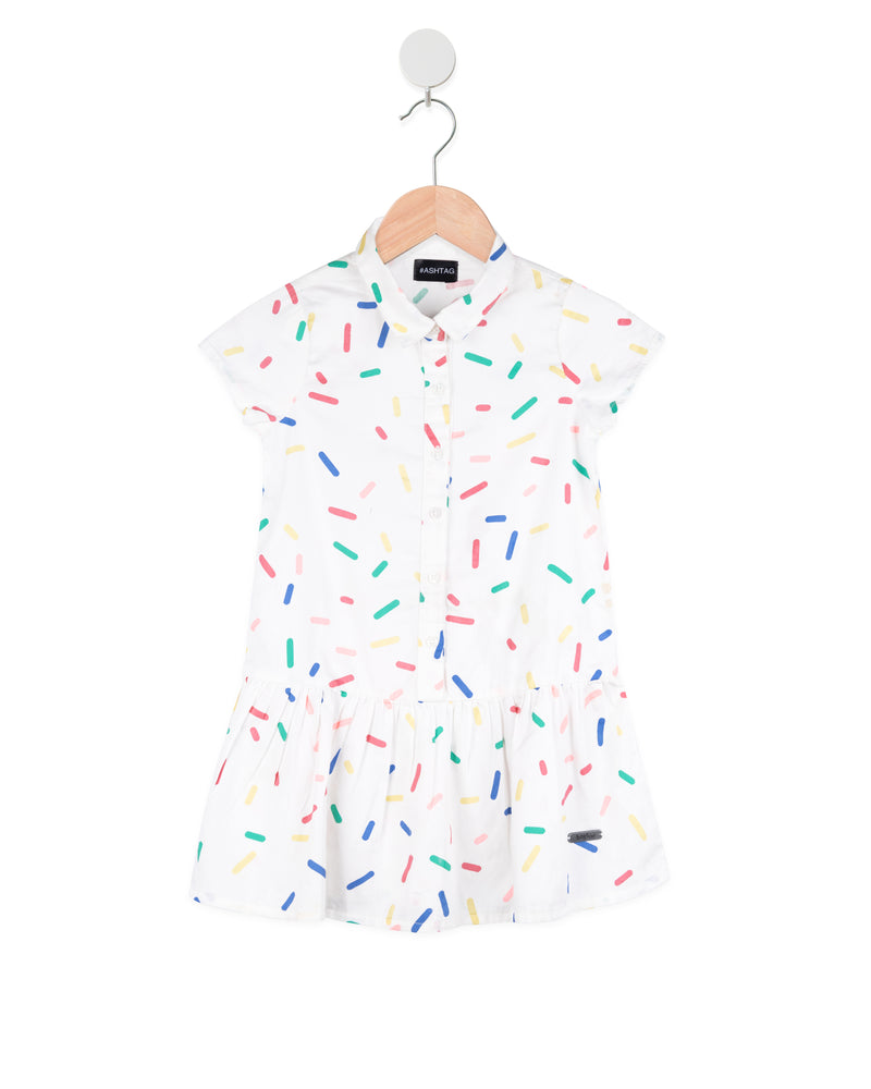 White Full Sleeve Casual Printed Girls Dress