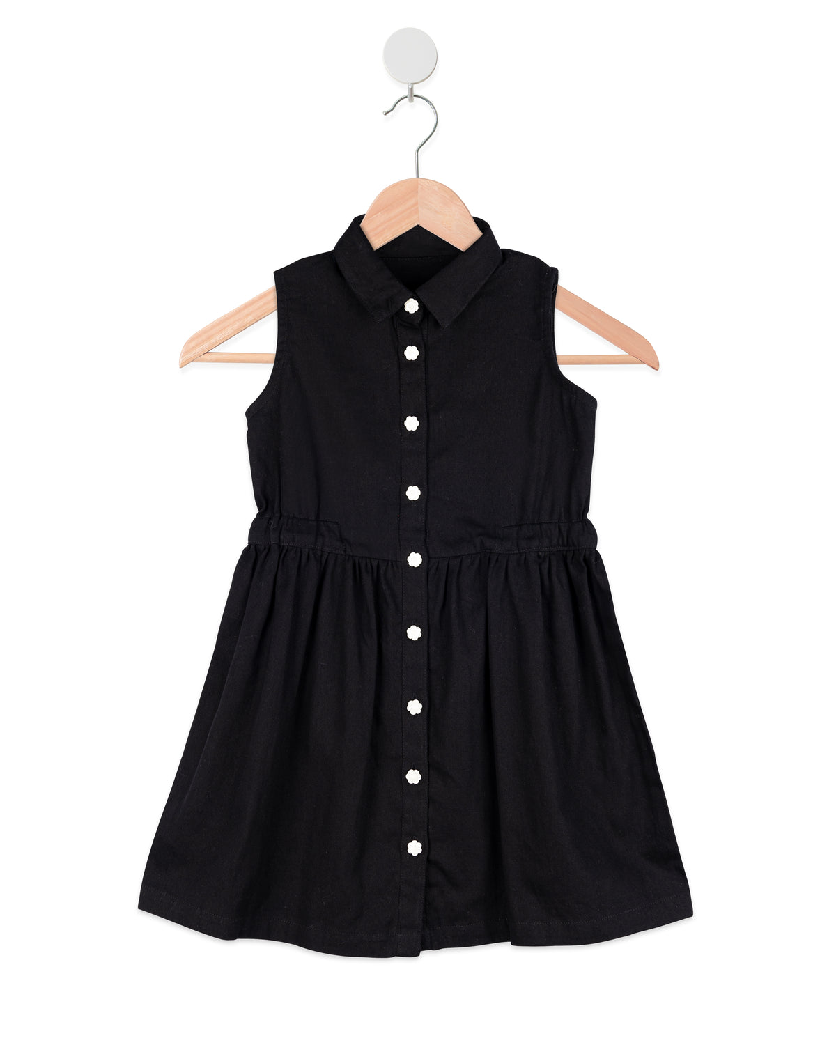 Black Collar Neck Sleeveless Dress with White Button