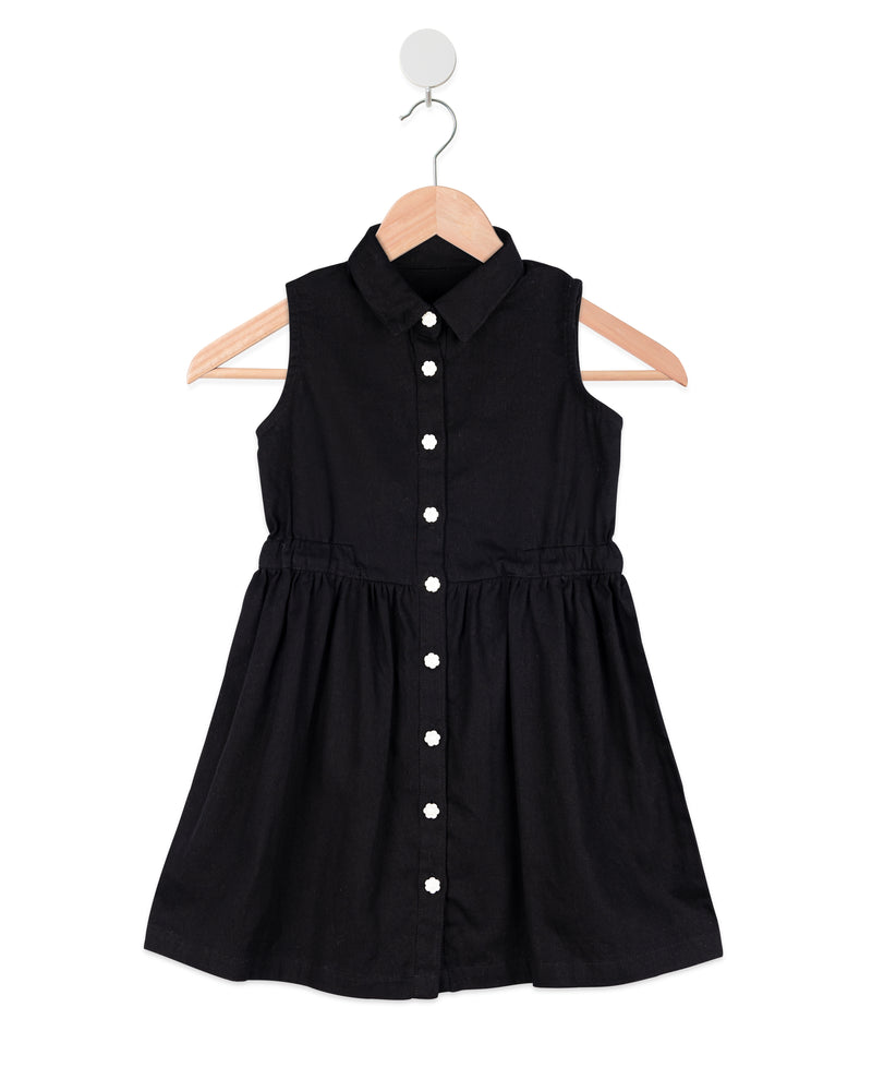 Black Collar Neck Sleeveless Dress with White Button