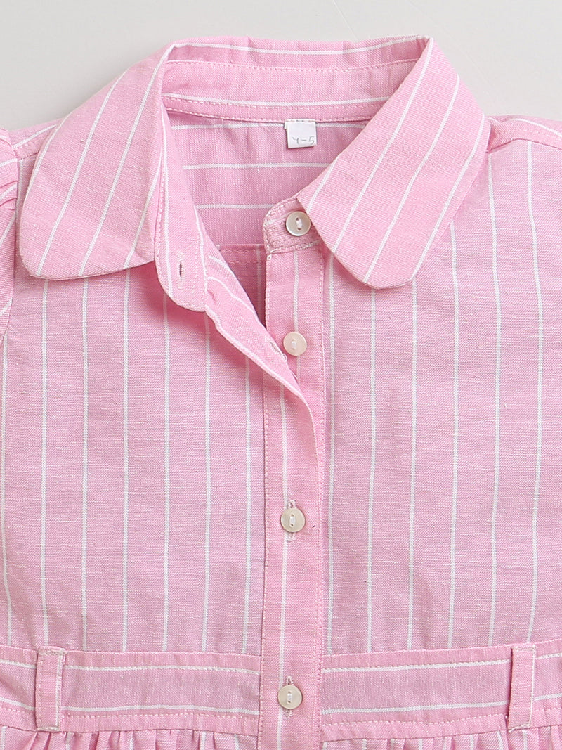 Pink Stripes Collar Neck Half Sleeve Girls Dress