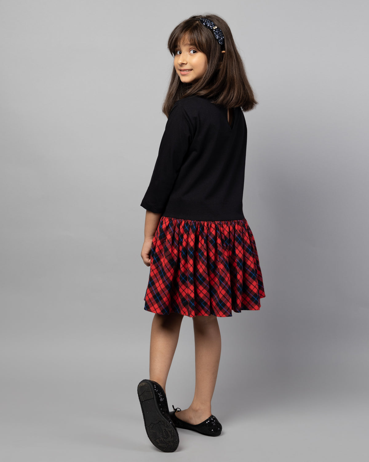 Black Cotton Dress with Red Checks Design