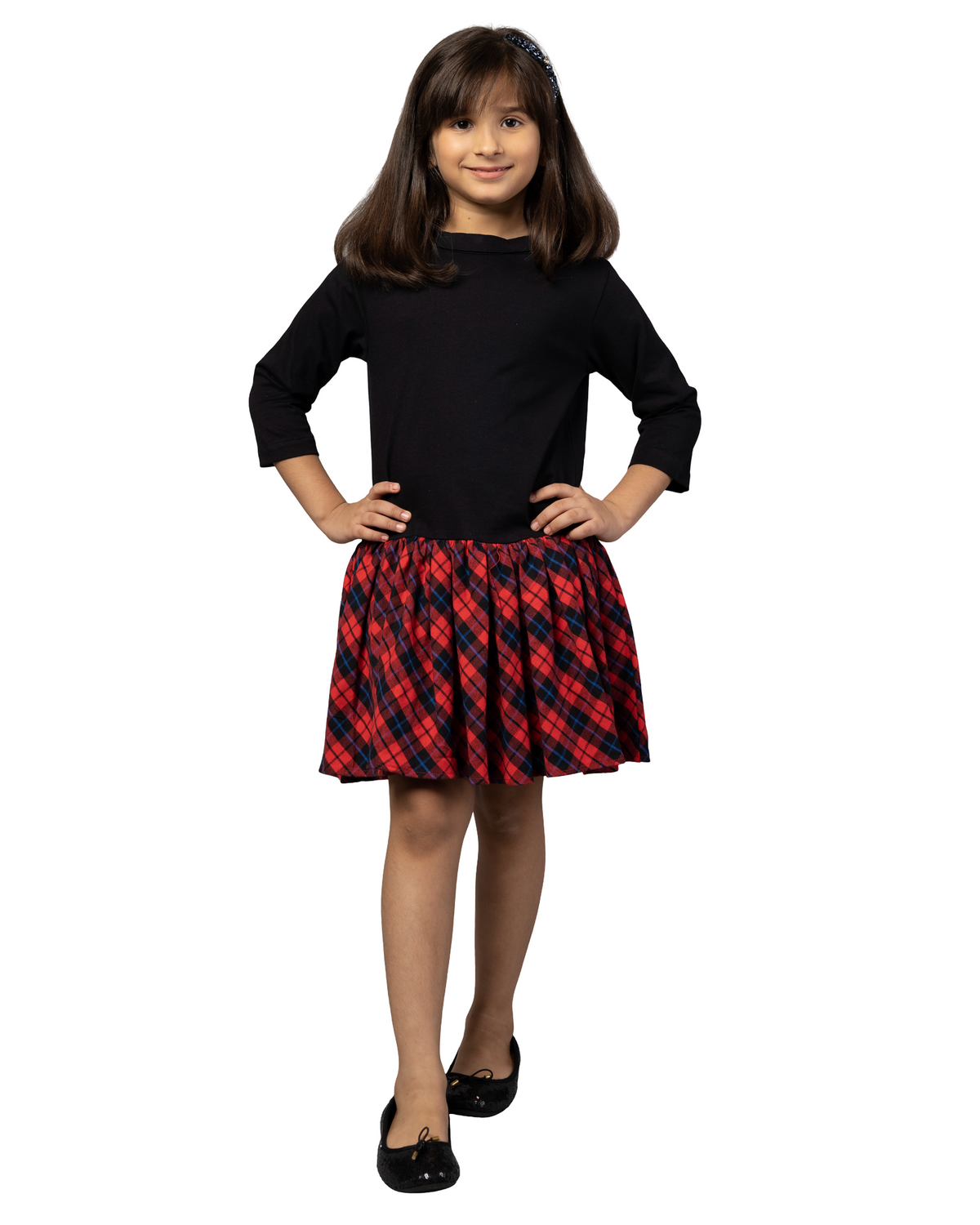 Black Cotton Dress with Red Checks Design