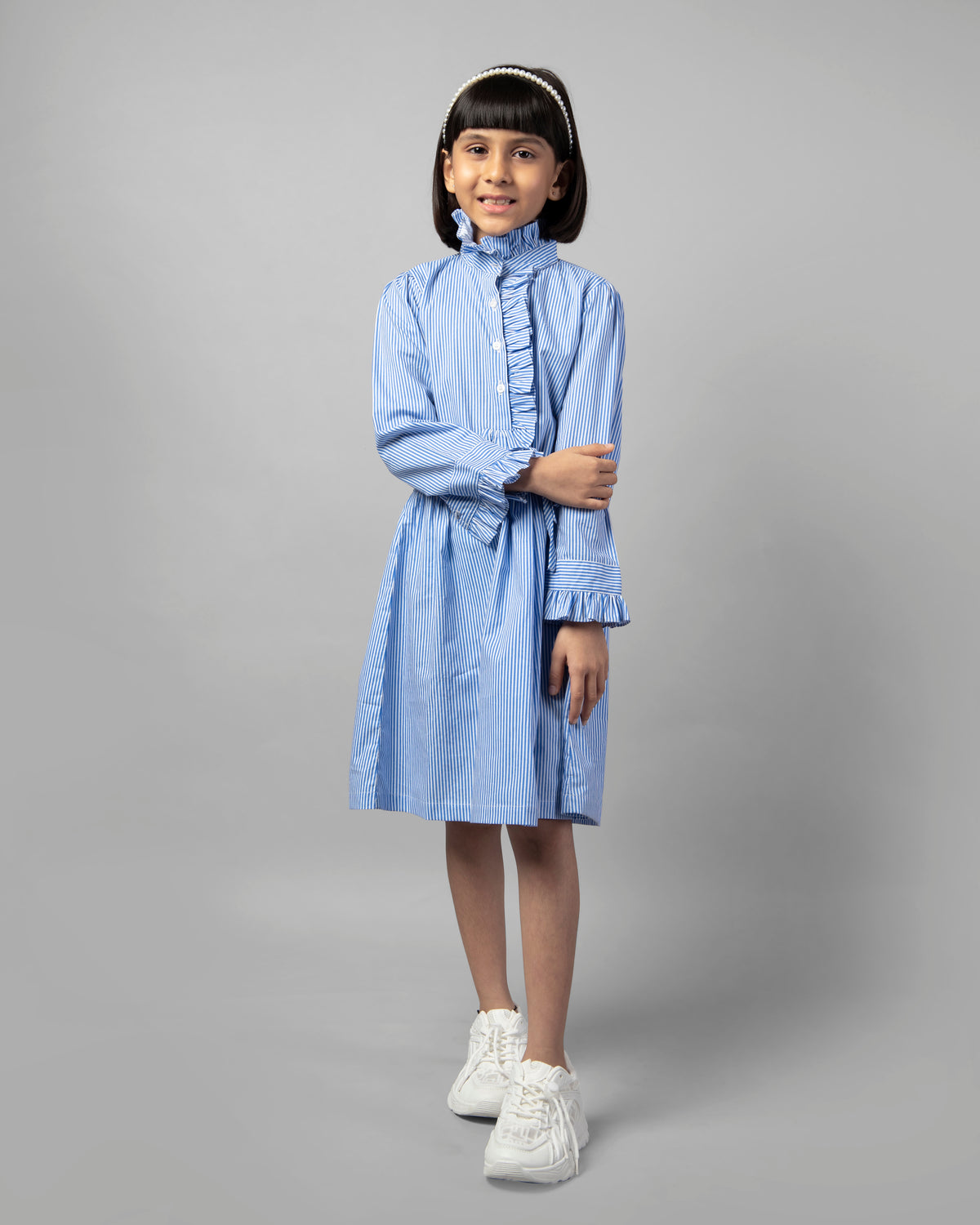 Blue Frill Collar Tie-Up Strip Dress