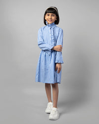 Blue Frill Collar Tie-Up Strip Dress