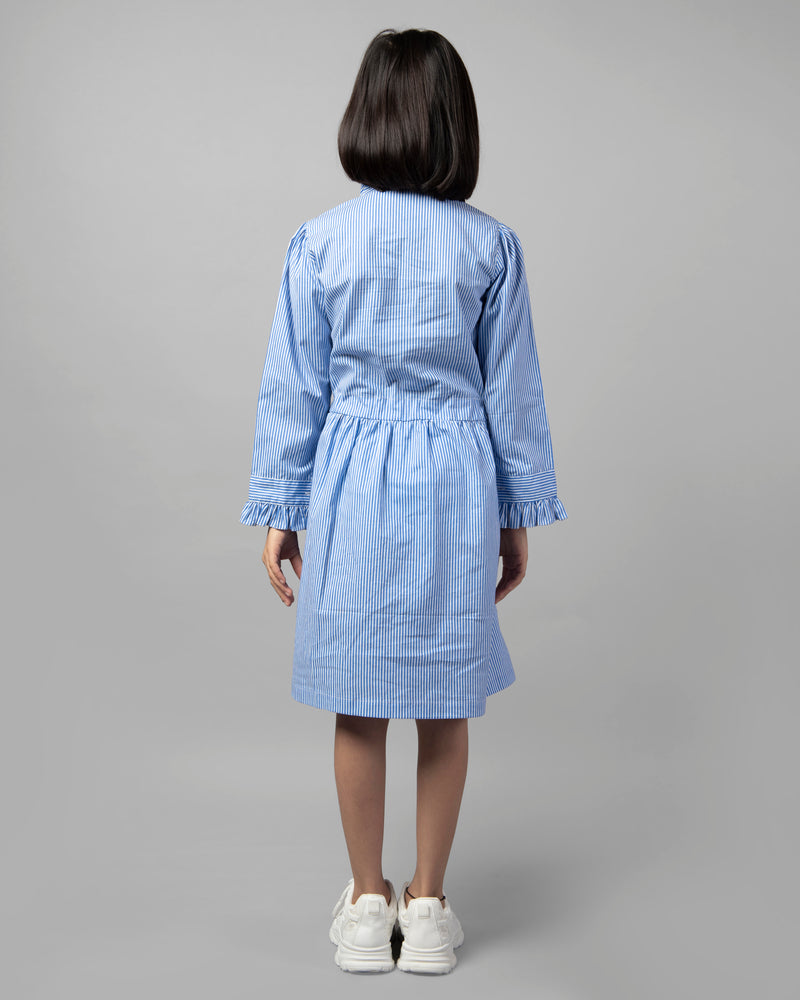 Blue Frill Collar Tie-Up Strip Dress